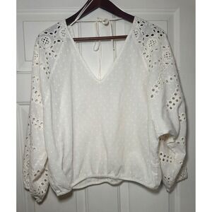 Cream Eyelet Embroidered Cotton Boho Blouse‎ Long Sleeve V Neck Tie Back L Top